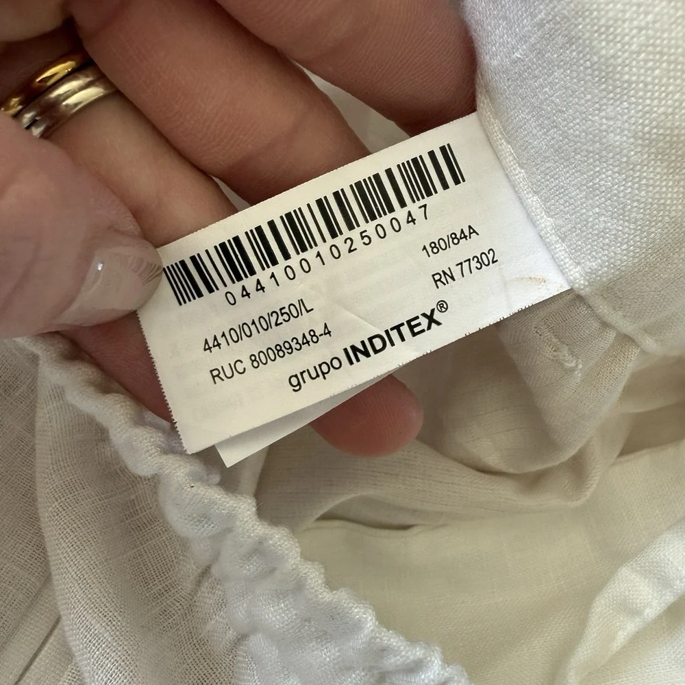 ZARA Linen Pants Womens L White Drawstring Lightweight Trouser Minimalist Beach